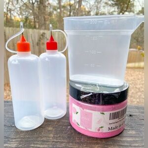 Mica Powder Pearl Pink Resin Art Pigment, Measuring Cup and Alcohol Ink Bottles
